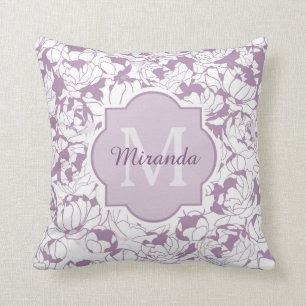 Cojín Decorativo Monograma moderno con flor morado con nombre