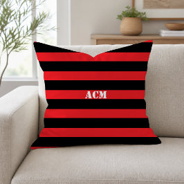 Cojín Decorativo Monograma Moderno con Rayas Negras y Rojas