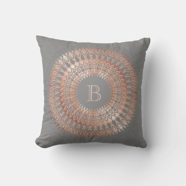 Cojín Decorativo Monograma moderno de Mandala gris dorado Rosa (Anverso)