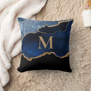 Cojín Decorativo Monograma Moderno de Mármol Dorado Azul Marino Bri