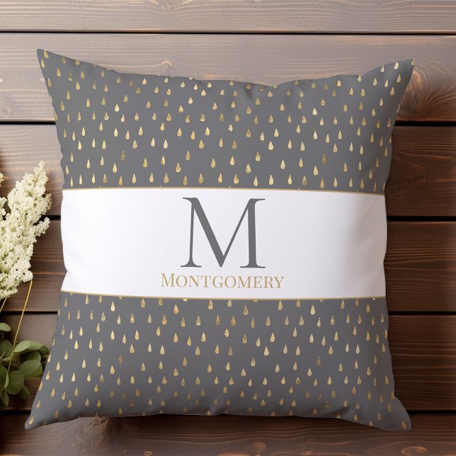 Cojín Decorativo Monograma moderno de moda Gray Gold Raindrop (Subido por el creador)
