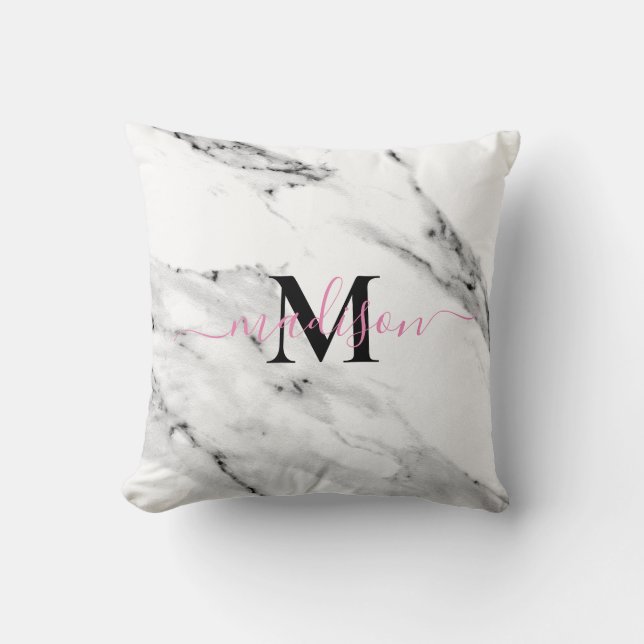Cojín Decorativo Monograma moderno de patrón de mármol blanco y neg (Anverso)