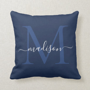 Cojín Decorativo Monograma moderno Elegante Moda Script Navy Azul