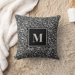Cojín Decorativo Monograma Moderno Estampado Leopardo Gris Plateado