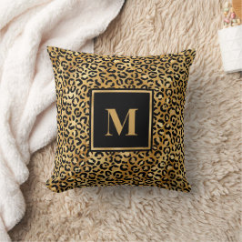 Cojín Decorativo Monograma Moderno Estampado Leopardo Negro Oro