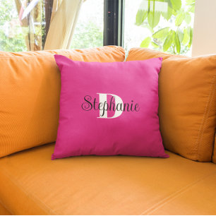 Cojín Decorativo Monograma moderno femenino rosa caliente negro y b