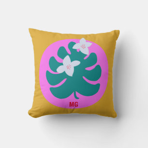 Cojín Decorativo Monograma moderno floral tropical colorido rosa