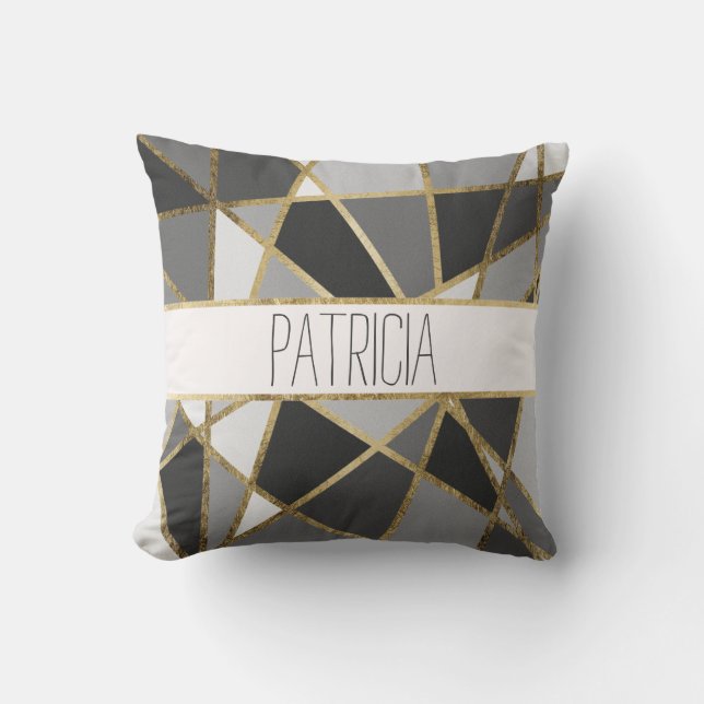 Cojín Decorativo Monograma moderno negro y gris de los triángulos (Anverso)