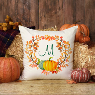 Cojín Decorativo Monograma Naranja Plaid Tartan Fall Pumpkin Floral