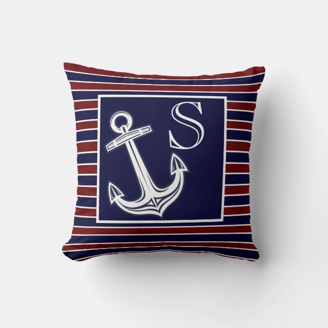 Cojín Decorativo Monograma Nautical Anchor Naval Banda azul Marrón (Anverso)
