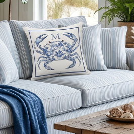 Cojín Decorativo Monograma náutico costero de cangrejo azul