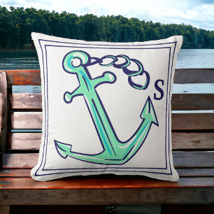 Cojín Decorativo Monograma Naval Verde Ancla Náutica
