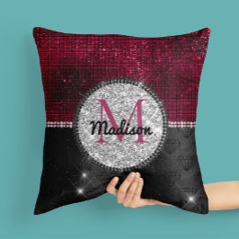 Cojín Decorativo Monograma negro burlono Purpurina plateado burdeos