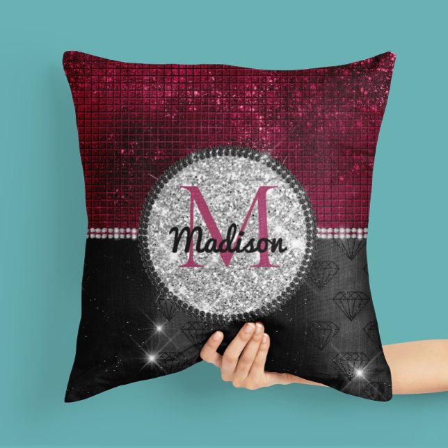 Cojín Decorativo Monograma negro burlono Purpurina plateado burdeos (Subido por el creador)