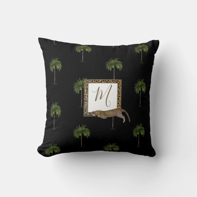 Cojín Decorativo Monograma negro salvaje de impresión de leopardo d (Anverso)