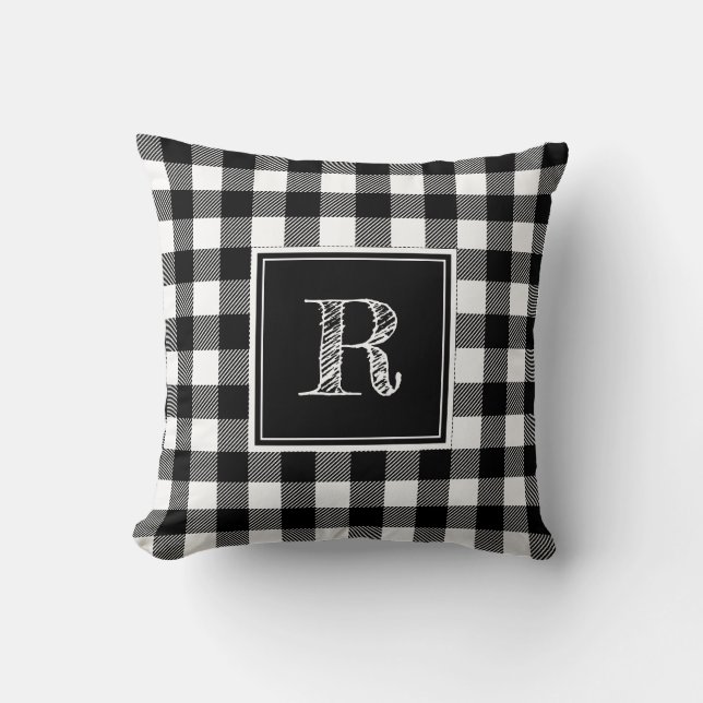 Cojín Decorativo Monograma negro y blanco con guarnición de búfalo (Anverso)