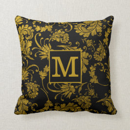 Cojín Decorativo Monograma Nombre De Familia De Damasco Negro Y Oro