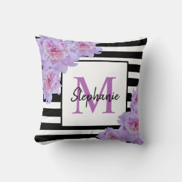 Cojín Decorativo Monograma Nombre Flor rosa Banda negra Púrpura