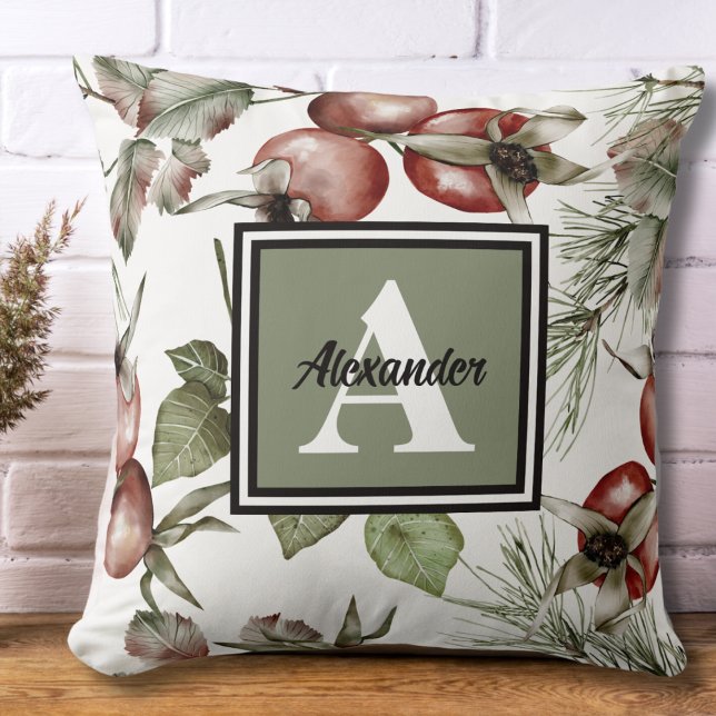 Cojín Decorativo Monograma Nombre inicial y familiar Elegante Botán (Monogram Name and Initial Autumn Watercolor Fall Decor Throw Pillow)