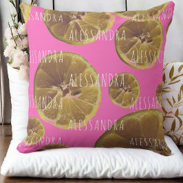 Cojín Decorativo Monograma nombre lonchas de limón rosado caliente 