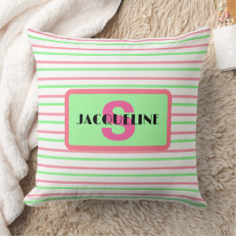 Cojín Decorativo Monograma Nombre Rayas Geométricas Rosa Verde Blan