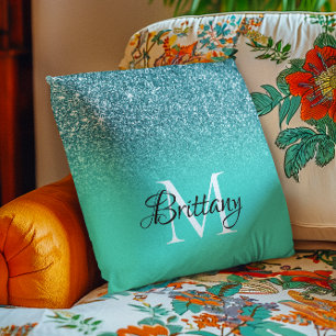 Cojín Decorativo Monograma Ombre de Brillo Turquesa Verde