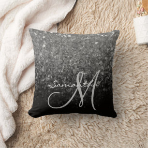 Cojín Decorativo Monograma Ombre Moderno de Plata y Negro con Brill