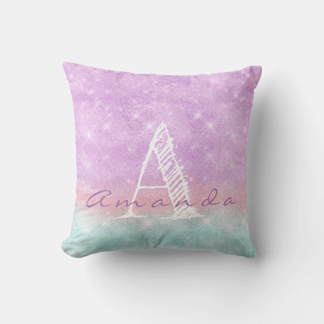 Cojín Decorativo Monograma Ombre Nombre Púrpura Pastel Azul Acuarel (Anverso)