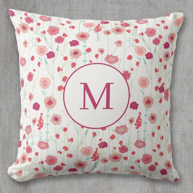 Cojín Decorativo Monograma Patrón Botánico Floral Rosa (Modern floral monogram personalized initial art throw pillow)