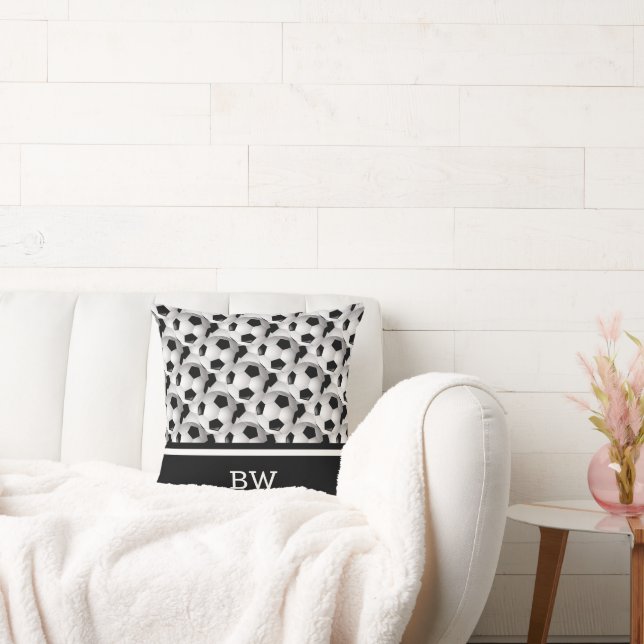 Cojín Decorativo Monograma Patrón de bolas de fútbol blanco negro (Sofá)