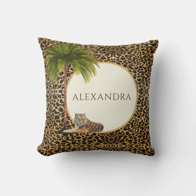 Cojín Decorativo Monograma Patrón Leopardo Marrón Elegante Palm (Anverso)