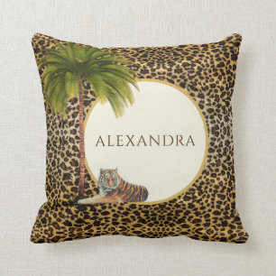 Cojín Decorativo Monograma Patrón Leopardo Marrón Elegante Palm