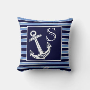 Cojín Decorativo Monograma personalizado Ancla náutica rayas azul m