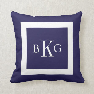 Cojín Decorativo Monograma Personalizado blanco azul de la marina