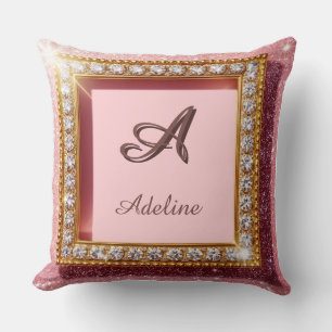 Cojín Decorativo Monograma personalizado con nombre en brillo rosa