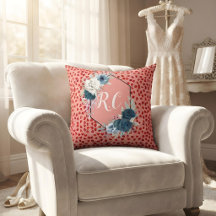 Monograma personalizado Corazón Rojo y Floral Azul