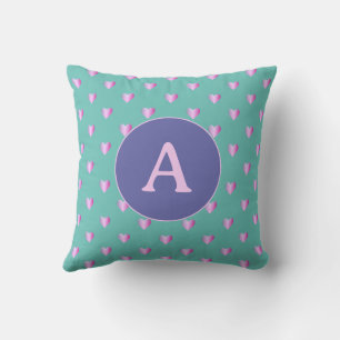Cojín Decorativo Monograma personalizado Corazones Lilac Verde azul
