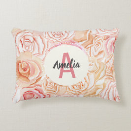 Cojín Decorativo Monograma personalizado de acuarela de melocotón y