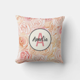 Cojín Decorativo Monograma personalizado de acuarela de melocotón y