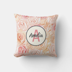 Cojín Decorativo Monograma personalizado de acuarela de melocotón y