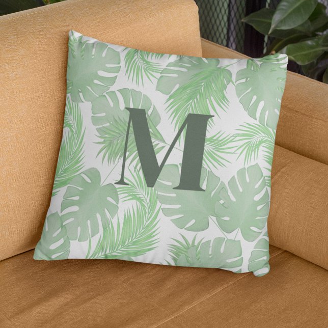 Cojín Decorativo Monograma Personalizado de hojas de palmera verdes (palm leaves monogram pillow)