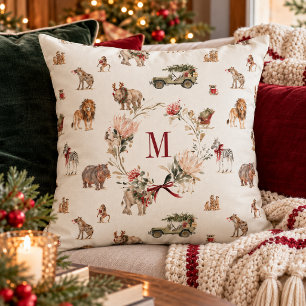 Cojín Decorativo Monograma personalizado de Navidad Safari con acua