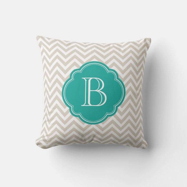 Cojín Decorativo Monograma Personalizado Linen Beige Chevron (Anverso)