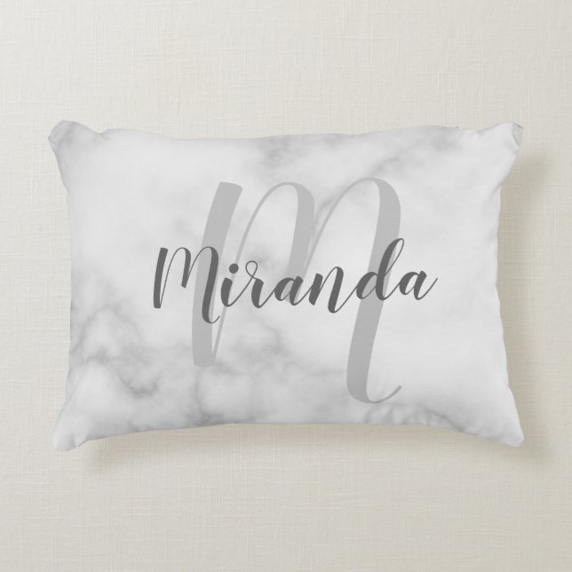 Cojín Decorativo Monograma personalizado moderno y nombre mármol bl (Anverso)