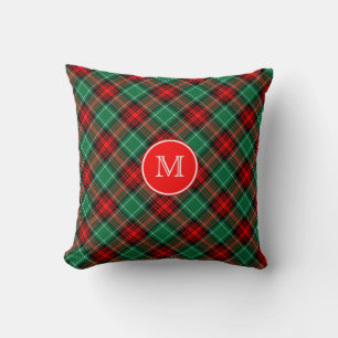 Cojín Decorativo Monograma Personalizado Plaid Navideño Rojo y Verd