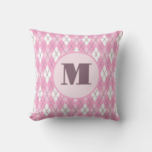 Cojín Decorativo Monograma personalizado preppy rosa lindo argyle