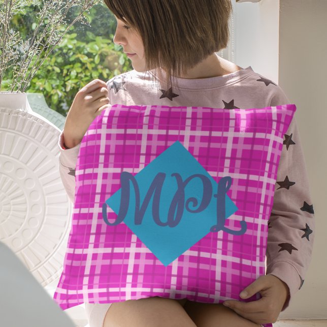 Cojín decorativo Monograma Personalizado rosado ca (Hot Pink Monogram Throw Pillow)