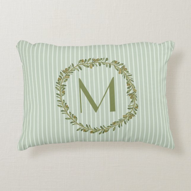 Cojín Decorativo Monograma personalizado Sage Green Stripes & Olive (Anverso)
