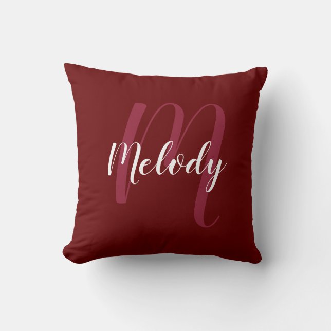 Cojín Decorativo Monograma personalizado y nombre rojo burgandy (Anverso)