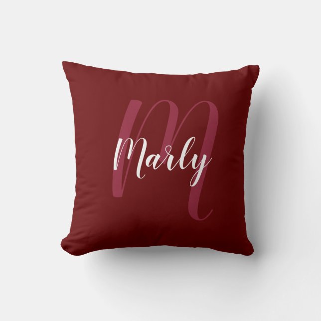 Cojín Decorativo Monograma personalizado y nombre rojo burgandy (Anverso)